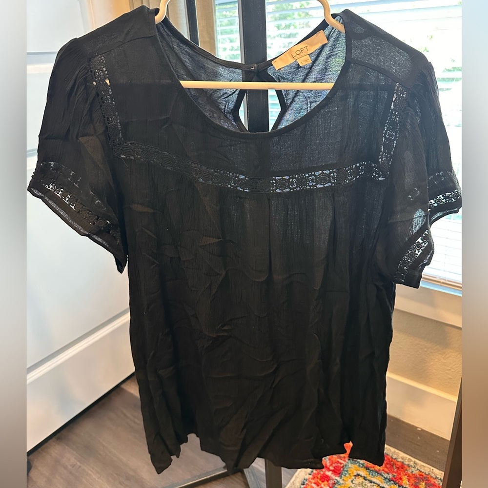 LOFT Black Short-Sleeve Lace Yoke Blouse